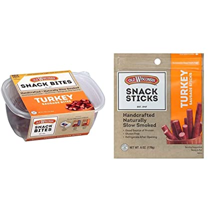 Old Wisconsin Turkey Sausage Snack Bites, 16 Ounce Resealable Tub with Two Stay-Fresh 8 Ounce Packs & Turkey Sausage Snack Sticks, 6 Ounce Resealable Package