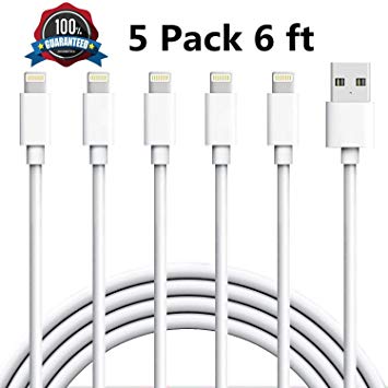 Sundix iPhone Charger, Lightning Cable 5Pack 6FT Ultra Long iPhone Charging Cable Cord Compatible iPhone XR XS XSMax X 8 8 Plus7 7Plus 6s 6sPlus 6 6Plus iPad iPod & More -(White)