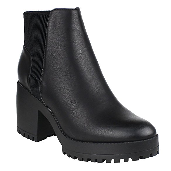 Beston EI56 Women's Inner Zipper Pleated Lug Sole Chunky Heel Ankle Booties