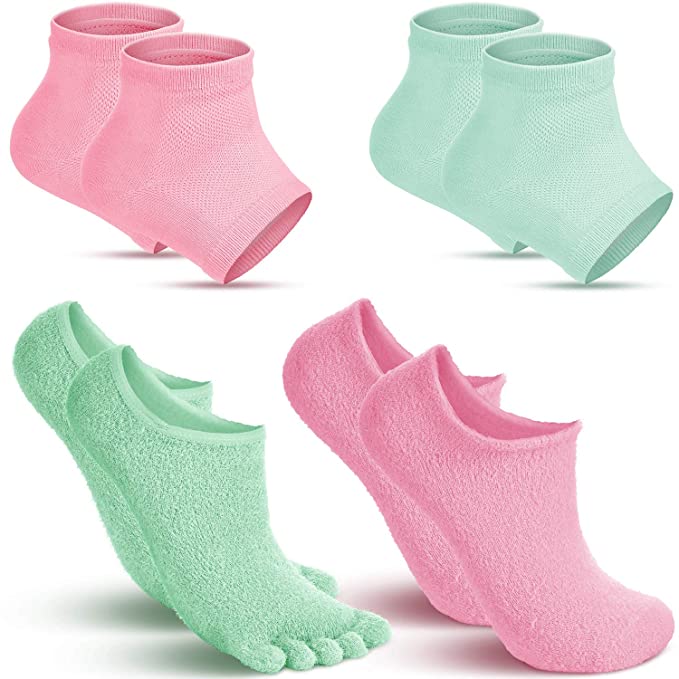 4 Pairs Gel Spa Moisturizing Socks Open Toe Socks Cracked Gel Heel Socks 5-Toe Moisturizing Socks for Dry Cracked Heels Care