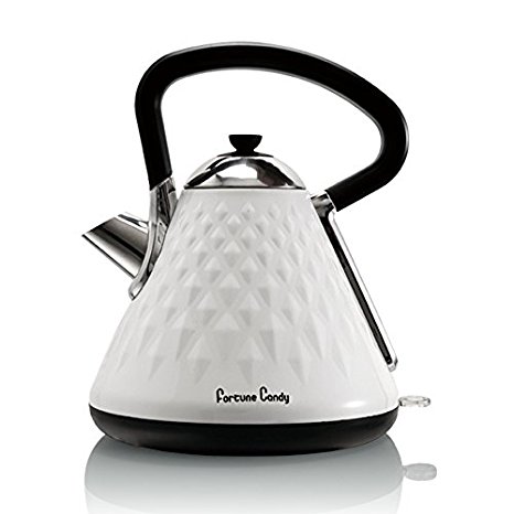 Fortune Candy KS-1011E Pyramid Stainless Steel Strix Controller Cordless Electric Kettle with Diamond Pattern, 1.7L (Elegant White)