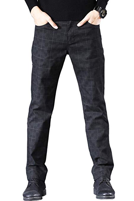 HENGAO Men's Stretch Regular Fit Plaid Jeans