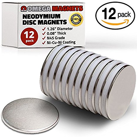 Strong Neodymium Disc Magnets (12 Pack) - 35% Stronger, 25% Thicker, Less Likely to Break than N52 - 1.26" x 0.08" Round Permanent NdFeB Rare Earth Magnets for Fridge, Crafts, DIY, Projects, Office