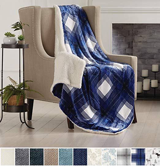 Home Fashion Designs Premium Reversible Two-in-One Sherpa and Sculpted Velvet Plush Luxury Blanket. Fuzzy, Cozy, All-Season Berber Fleece Throw Blanket Brand. (Plaid Navy)