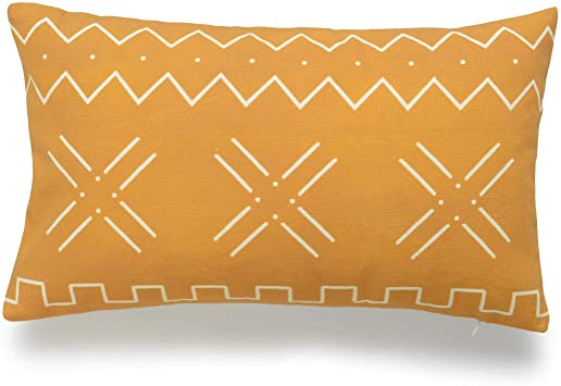 Hofdeco African Mudcloth Lumbar Pillow Cover ONLY, Mustard Yellow X Stripes, 12"x20"