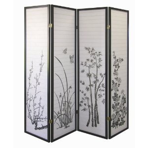 Legacy Decor Black 4-panel Bamboo Floral Room Divider Screen