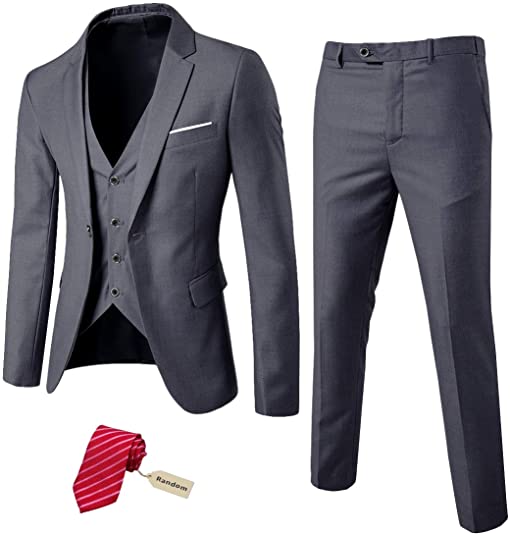 MY'S Men's 3 Piece Slim Fit Suit Set, One Button Solid Jacket Vest Pants with Tie