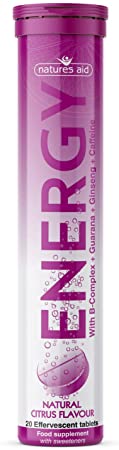 Natures Aid Energy Effervescent, B Vitamins, Caffeine, Guarana and Ginseng, Natural Citrus Flavour, 20 Tablets