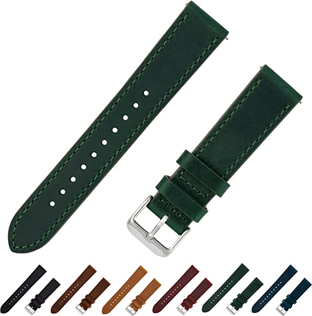 Benchmark Basics Quick Release Leather Watch Band - Crazy Horse Oiled Leather Watch Strap - Choice of Color & Width - 18mm, 20mm or 22mm