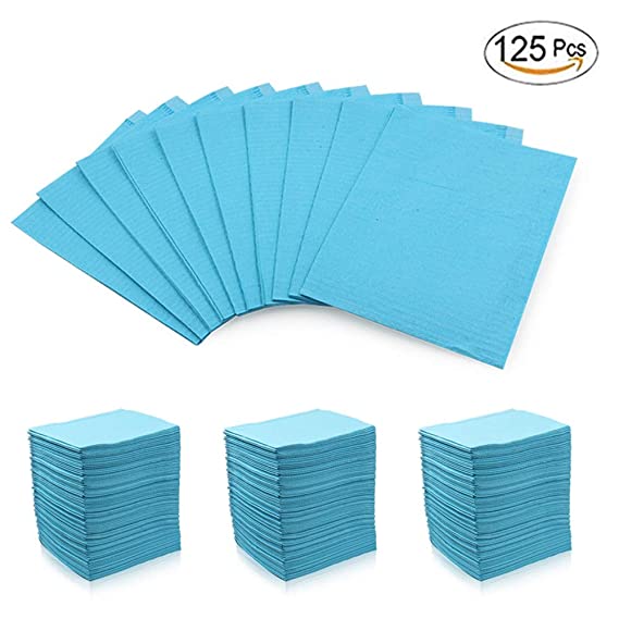 Dental Bibs - Yuelong 125 Pcs Blue Disposable Waterproof Tattoo Bibs Tattoo Table Covers Clean Pad Patient Bibs Dental Napkins Tattoo Tray Covers Tattoo Supplies, 2-Ply Tissue Poly, 13" x 18" inch