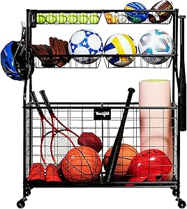 Yes4All Garage Sports Equipment Organizer, Garage Ball Storage, Rolling Ball Storage for Indoor/Outdoor Use, Steel