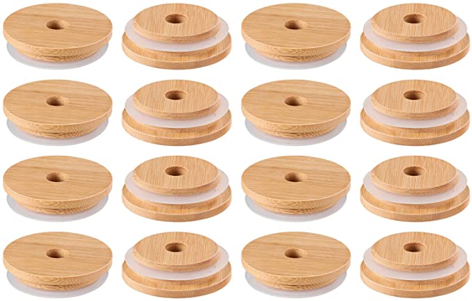 DOITOOL 16PCS Bamboo Jar Lids with Straw Hole Reusable Bamboo Canning Jar Lids for Regular Mouth Mason Jar 70MM