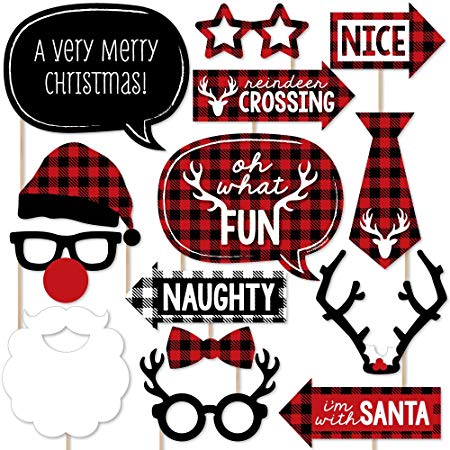 Prancing Plaid Holiday - Buffalo Plaid Christmas Photo Booth Props Kit - 20 Count