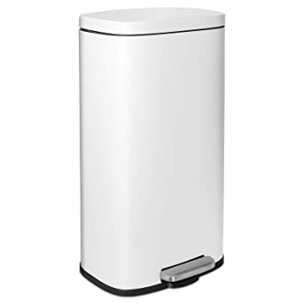 HEMBOR 8 Gallon Trash Can,30L Brushed Stainless Steel Dustbin with Lid and Inner Bucket, Soft Step and Silent Open Close Rectangular Garbage Bin,Suit for Home Bathroom, Kitchen and Office (White)