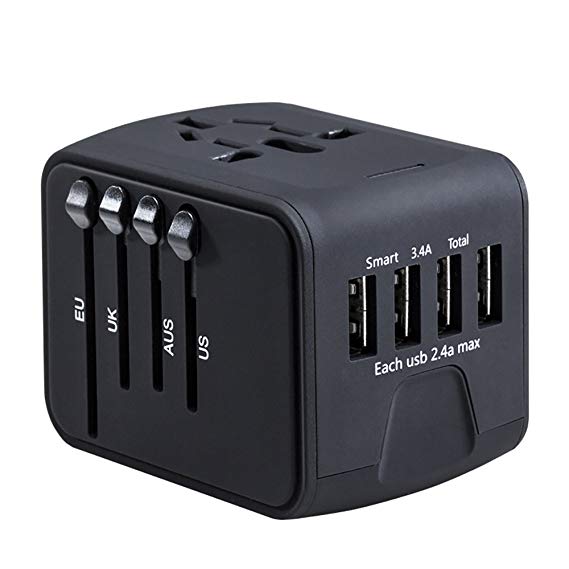 Universal Power Adapter Worldwide Wall Outlet AC Plug 4 USB Charging Ports with 3.4A Smart Power, All in One International Travel Adapter for US UK EU AUST Cell Phone Tablet Laptop Safety Fused, Black