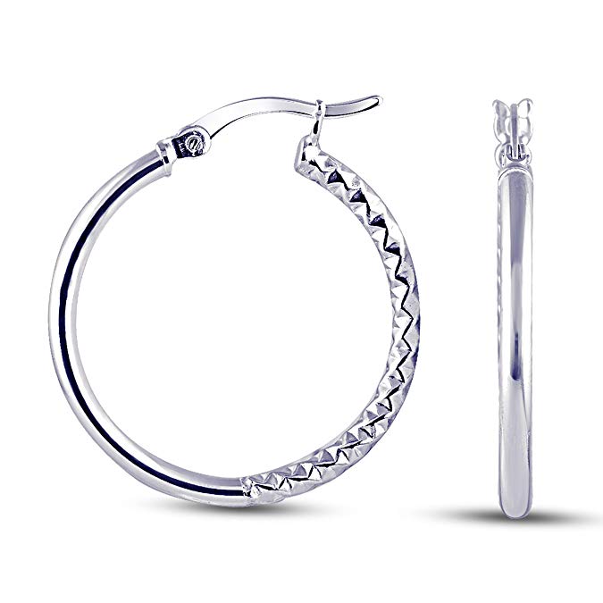 Charmsy Sterling Silver Jewelry Round Shaped Half Textured Click Top Hoop Earring for Women