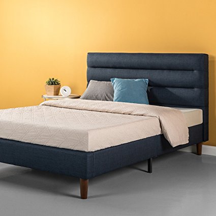 Zinus Upholstered Horizontally Cushioned Platform Bed/Strong Wood Slat Support in Navy, Queen