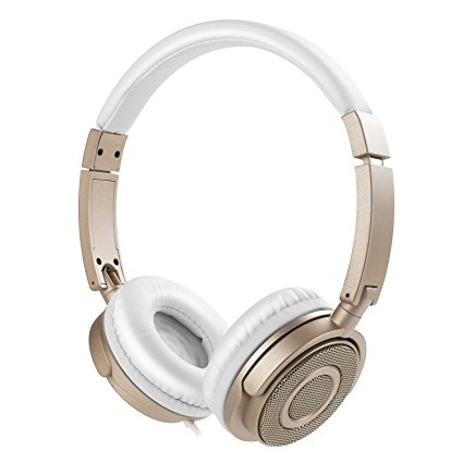 Vogek On Ear Headphones Lightweight and Foldable Bass Headphones with Volume Control and Microphone (Gold-White)
