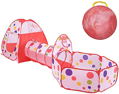 LEJIE 3pc Colorful dot Kids Play Tents Crawl Tunnel and Ball Pit with Basketball Hoop Playhouse Tent for Girls Boys for Outdoor and Indoor, Lightweight, Easy to Setup-red