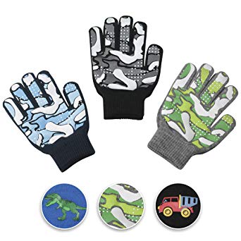 3 Pack - Magic Stretch Winter Kids Gloves for Boys, Kid & Children, Toddler - Dino, Camo, Trucks