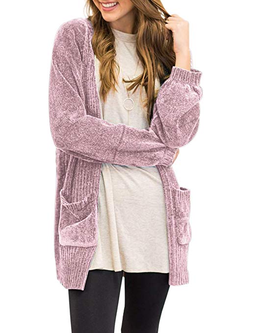 MEROKEETY Women's Long Sleeve Open Front Knit Sweater Soft Velvet Chenille Cardigans with Pockets