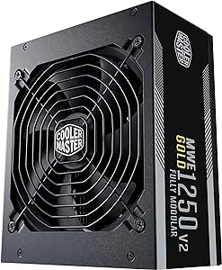 Cooler Master MWE 1250 Gold V2, Alimentation PC Entièrement Modulaire 80 Plus Gold 1250W (Prise EU), Câblage Plat Noir, Ventilateur 140mm FDB, Mode 0 RPM, Seuil de Température Élevé - Garantie 10 ans