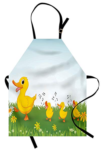 Ambesonne Cartoon Apron, Mother Duck and Babies Walking and Singing on The Meadow with Flowers, Unisex Kitchen Bib Apron with Adjustable Neck for Cooking Baking Gardening, Mustard and Pale Blue