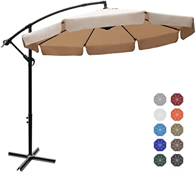 ABCCANOPY Patio Umbrellas Cantilever Umbrella Offset Hanging Umbrellas 9 FT Outdoor Market Umbrella with Crank & Cross Base for Garden, Deck, Backyard, Pool and Beach, 12  Colors,Khaki