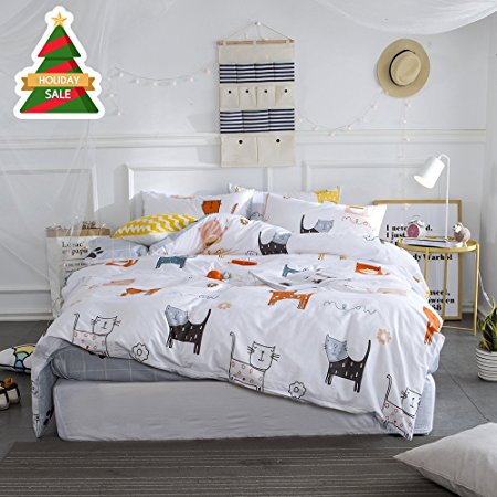 ORoa New Cartoon Cat Full Queen Cute Duvet Cover Sets for Kids White Grey 100% Cotton Reversible Comfortable 3 Pieces Kids Bedding Duvet Cover Pillowcases Child Bedding Sets
