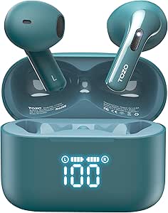 TOZO T21 Wireless Earbuds, Bluetooth 5.3 Earphones, Semi in Ear with LED Digital Display, Dual Mic Call Noise Cancelling with Wireless Charging Case, IPX8 Waterproof for Phone Laptop Green