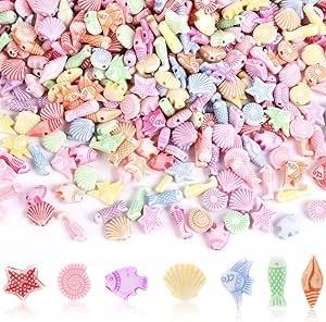 Augshy 700Pcs Cute Acrylic Beads,Mini Shell Fish Starfish Beads Fishing Beads for Party Decorate Jewelry Making Necklace Friendship Bracelets DIY Craft Accessories