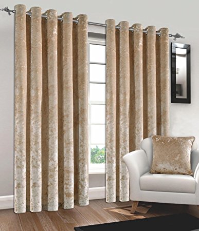 UAREHOME Crush Crushed Velvet Eyelet Ring Top Ready Made Lined Curtains luxury (90" x 90" (229 x 229 cm), Champagne)