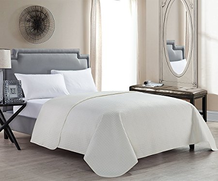 HollyHOME Luxury Checkered Super Soft Solid Single Pinsonic Quilted Bed Quilt Bedspread Bed Cover, Ivory, Twin