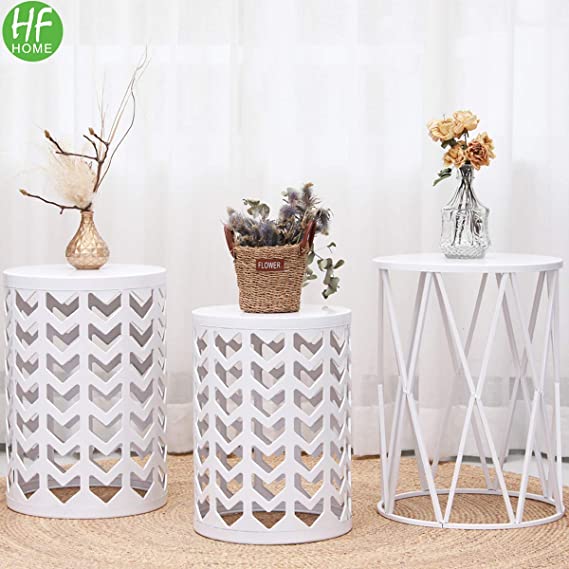 Multifunctional Nesting Round Metal Coffee End Tables, Set of 3 Modern Furniture Nightstands Decor Side Tables Plant Stand for Home Office Indoor and Garden Outdoor - White(Ship from US)