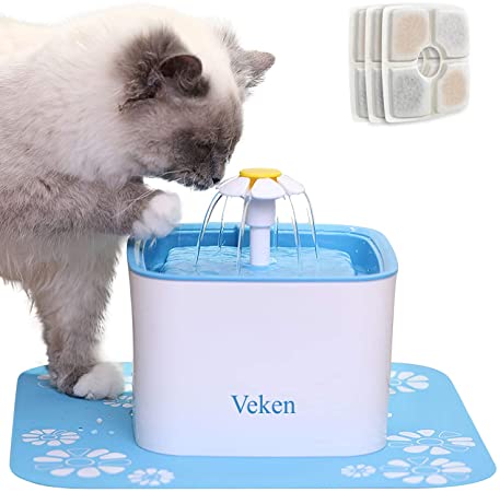 Veken Pet Fountain, 84oz/2.5L Automatic Cat Water Fountain Dog Water Dispenser with 3 Replacement Filters & 1 Silicone Mat for Cats, Dogs, Multiple Pets