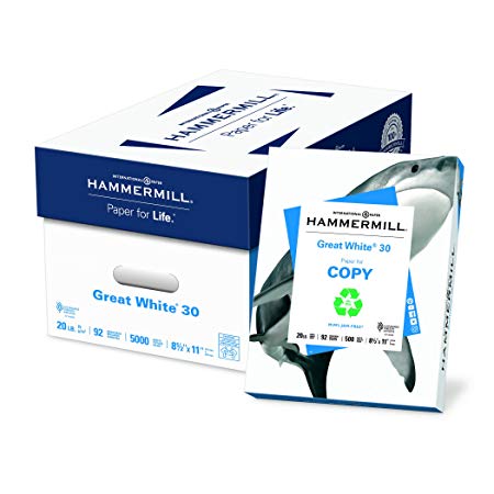 Hammermill Paper, Great White 30% Recycled Printer Paper, 8.5 x 11 Paper, Letter Size, 20lb, 92 Bright, 10 Ream / 5,000 Sheets (086700C) Acid Free Paper