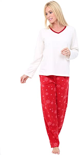 Alexander Del Rossa Women's Warm Fleece Pajamas, Long V Neck Pj Set