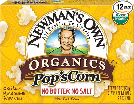 Newman's Own Organics Pop's Corn, Organic Microwave Popcorn, Unsalted, 3-Count, 8.4-Ounce Boxes (Pack of 12)
