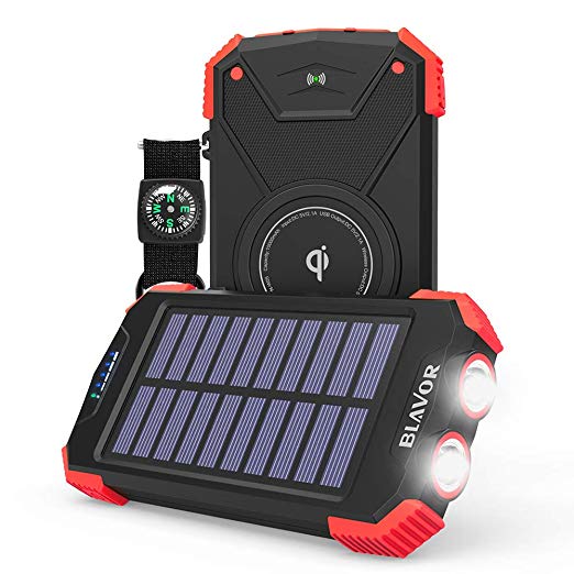 Solar Power Bank, Qi Wireless Portable Charger 10,000mAh External Battery Pack Type C Input Port Dual Flashlight, Compass (IPX4 Splashproof, Dustproof, Shockproof, Solar Panel Charging) Red
