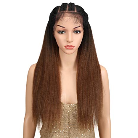 Joedir 24" Straight Yaki Free Part Lace Frontal Wigs with Baby Hair Hight Temperature Synthetic Human Hair Feeling Wigs For Black Women 180% Density Wigs Ombre Color 200g(TT1B/30)
