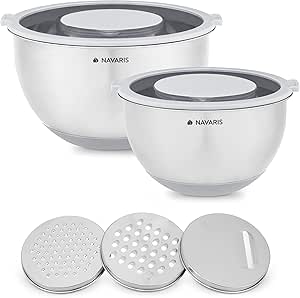 Navaris Stainless Steel Mixing Bowls and Graters - Set of 2 Mixing Bowls w/Lids and 3 Graters - 1.4, 4.7L Baking Bowls with 3 Types of Graters - Grey