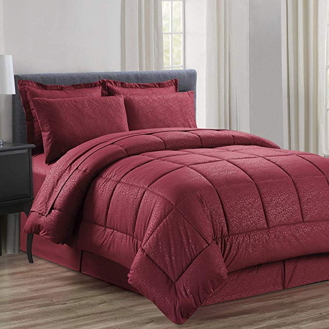 Sweet Home Collection 8 Piece Comforter Set Bag with Embossed Vine Design, Bed Fitted, 1 Flat Sheet, 2 Pillowcases, 2 Shams, Queen Burgundy