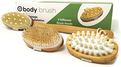 Dry Brushing Body Brush, 3 Brush Heads, Exfoliating Brush, Natural Bristle Bath Brush for Removing Dead Skin and Toxins, Cellulite, Improves Lymphatic Functions, Exfoliates, o1brand