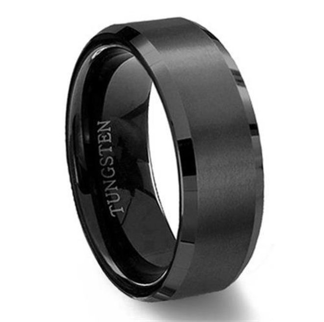 King Will Men Wedding Black Tungsten Ring 8mm Matte Finish Beveled Polished Edge Comfort Fit