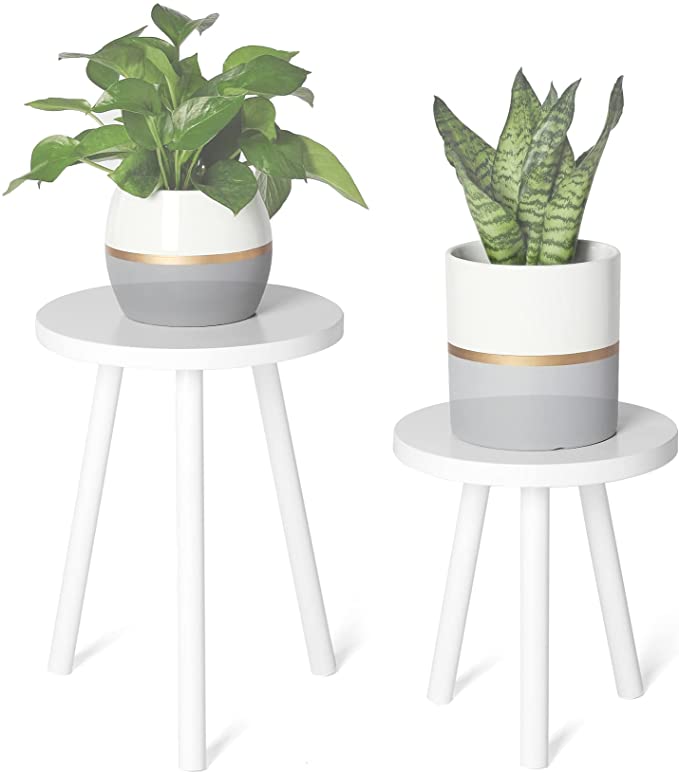 POTEY Wood Plant Stands Modern Style Plant Table Indoor Flower Pot Holder Home Decor White(Set of 2)