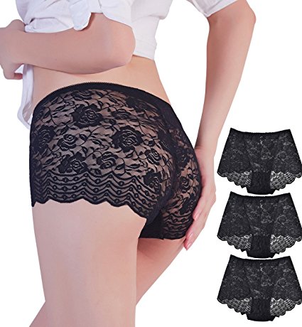 Eiggam Lace Underwear For Women, 6 Pack Boyshort Panties Tummy Control High Waist Sexy Lingerie Underwear