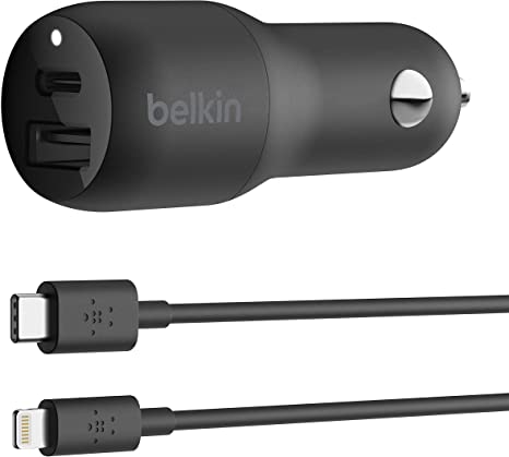 Belkin USB C Car Charger, 32W 2 Port with 20W USB-C Power Delivery PD and 12W USB-A Charger with USB C to Lightning Cable Included for iPhone 12, 12 Pro, 12 Pro Max, 11, XS, iPad, AirPods, and More