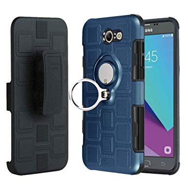 Galaxy J7 Perx Case, J7 2017/ J7 Prime / J7 V/ J7 Sky Pro Case, Slim Drop Protection Cover, Improved Ring Grip Holder Stand, Holster Belt Clip, Metallic Circle Protective Phone Case - Metallic Blue