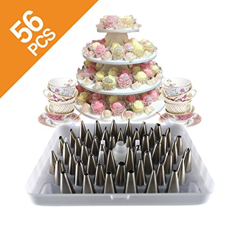 KitchenPRO 56-Piece Baking Decoration Set : Stainless Steel Cake Decorating Icing Dispenser Tip Kit with Plastic Tray for Storage
