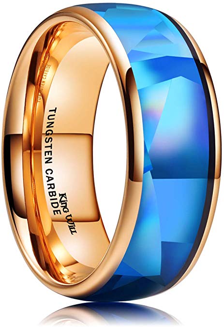 King Will Men's 4mm 6mm 8mm Silver/Rose Gold Tungsten Carbide Ring Inlaid Triangle White/Blue Opal Sticker Dome Wedding Engagement Band